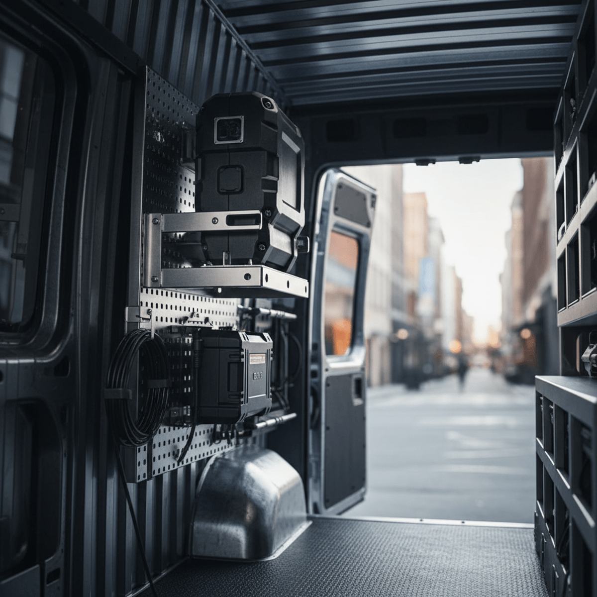 Wall-mounted power washer secured in a modern work van with reinforced panels and battery backup.