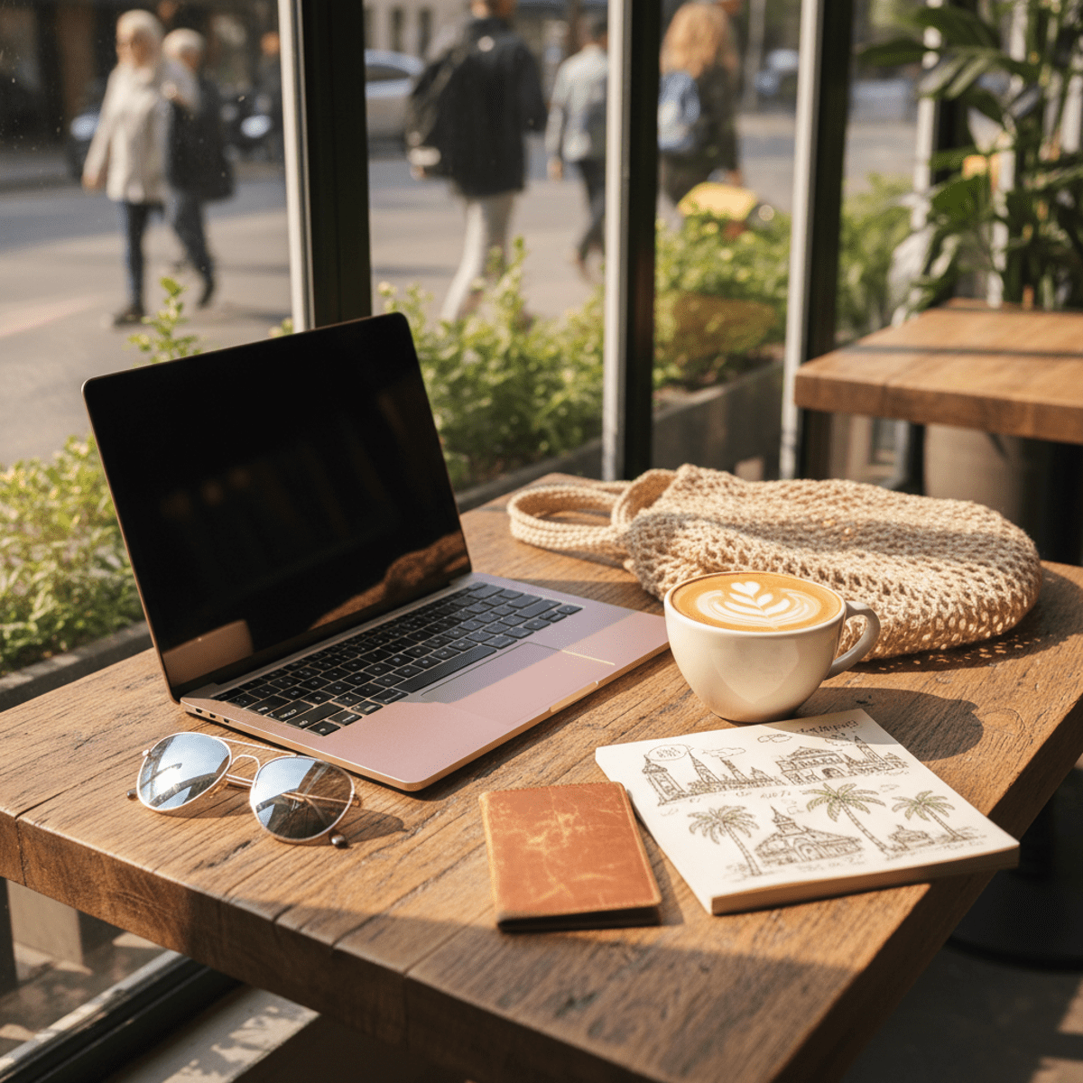Slim pink laptop on rustic wood table at sunlit cafe with coffee and travel items.