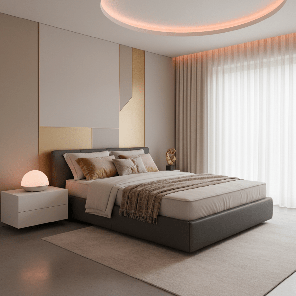 Luxurious 2026 bedroom transformed into a serene sleep sanctuary with smart bed and soft lighting.