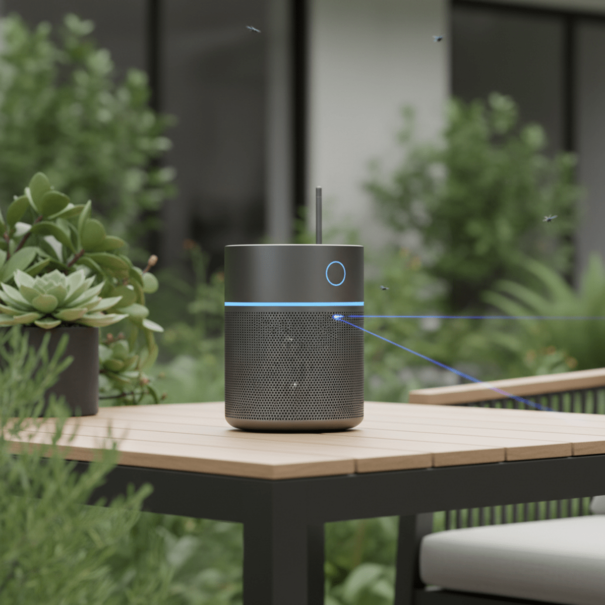 Futuristic laser bug zapper smart home hub Sleek futuristic bug zapper resembling a smart home hub on a patio table.