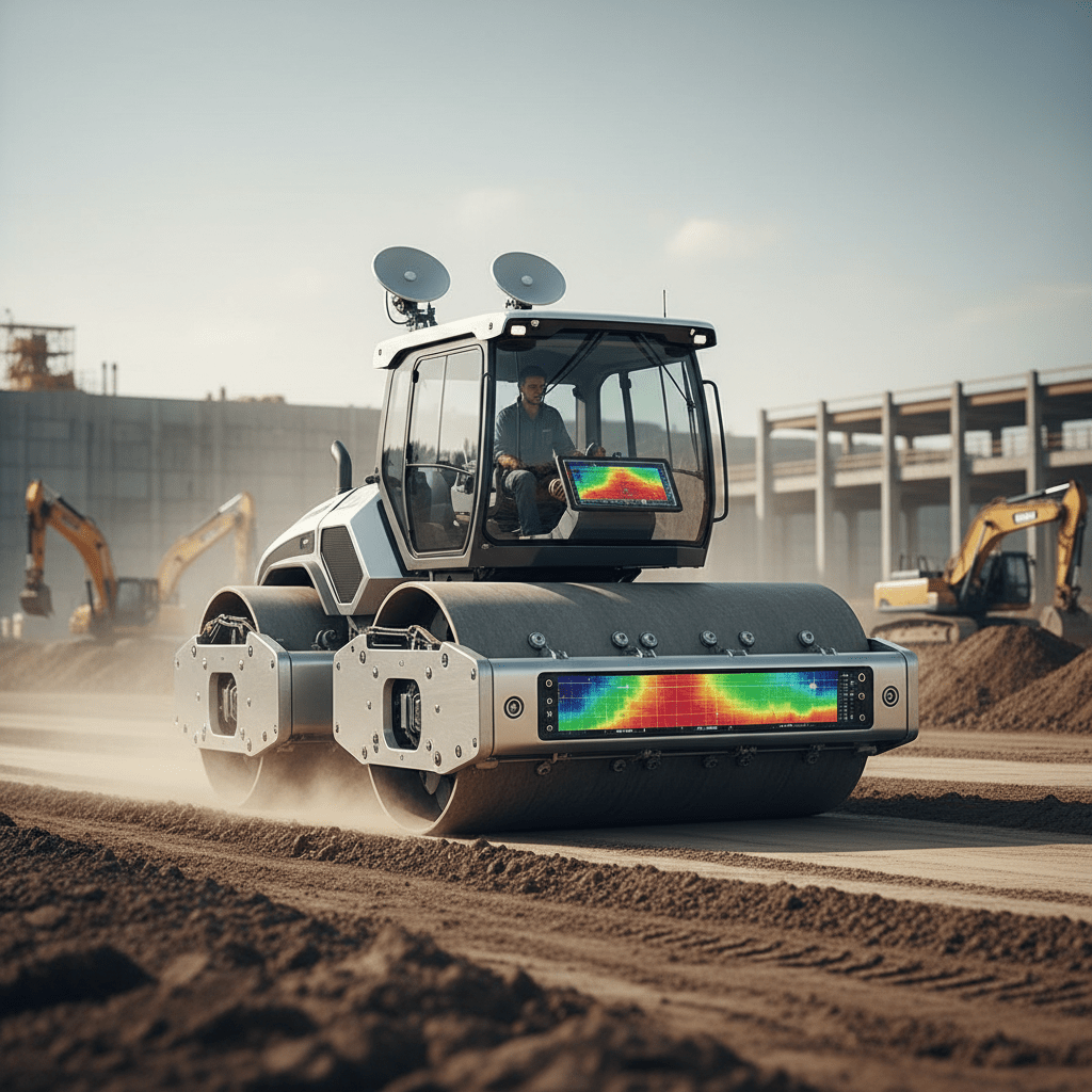 Futuristic soil compactor with sensor arrays on a dusty construction site.
