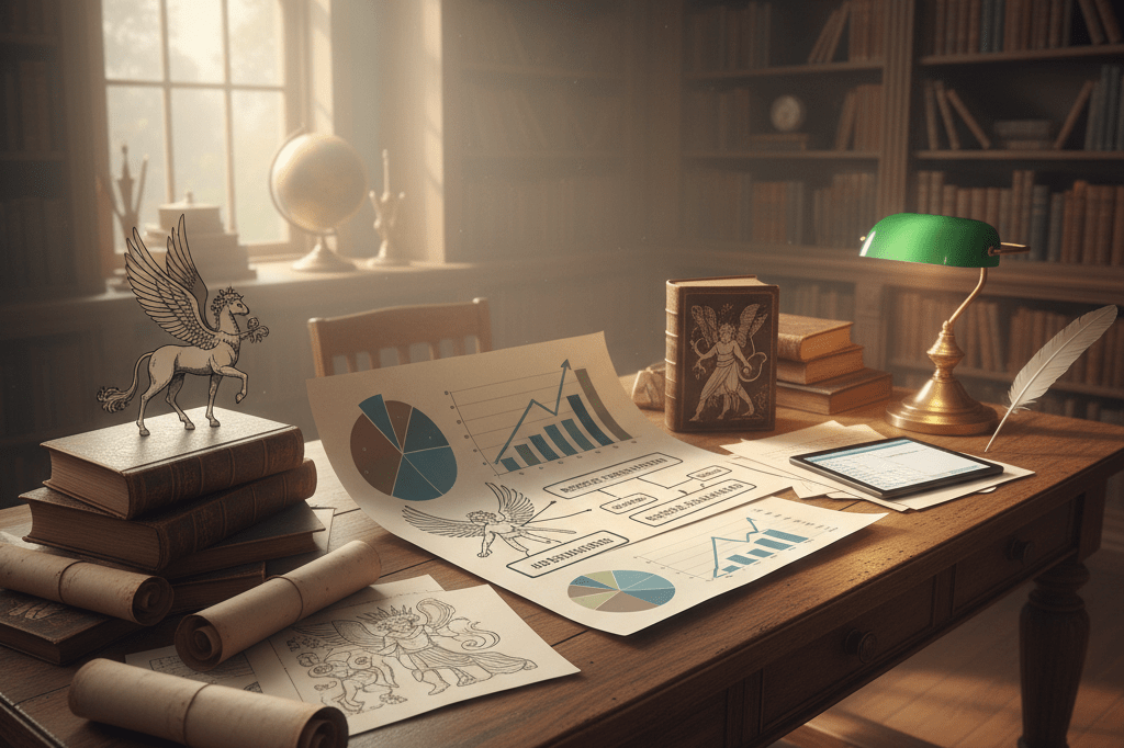 Books on mythology and abstract marketing charts on a warmly lit wooden table under natural light