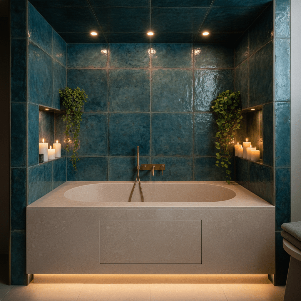 Modern alcove with a soaking tub, ceramic tiles, and lush plants.