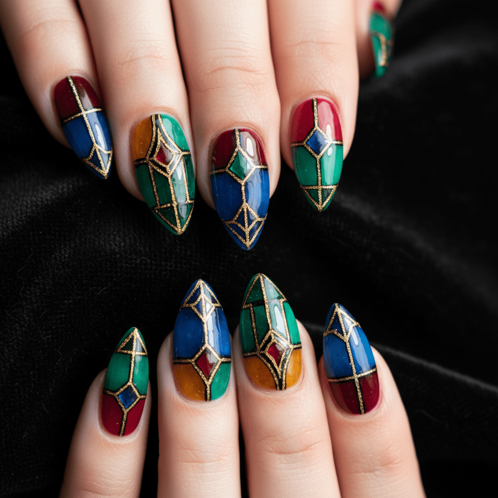 Gothic stained glass almond nails with jewel tones and black and gold leading.