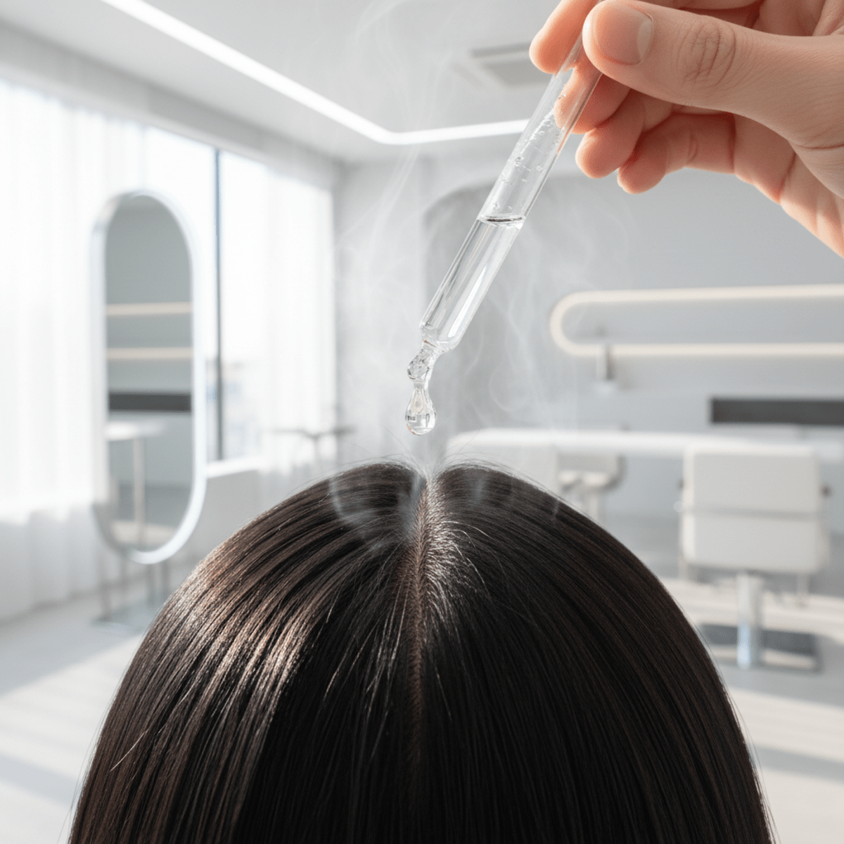 Stylist applies hair serum for healthy scalp and roots. Stylist applies translucent serum to model's scalp, revealing healthy black hair roots.