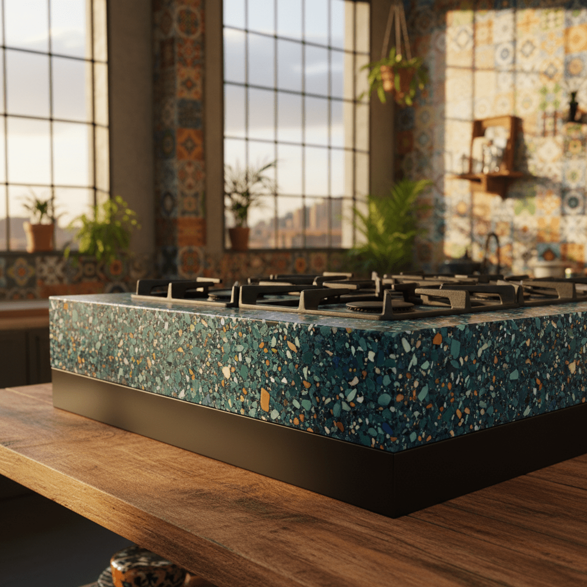 Movable eco-conscious terrazzo gas stove with blue, green, amber speckles on rustic wood.