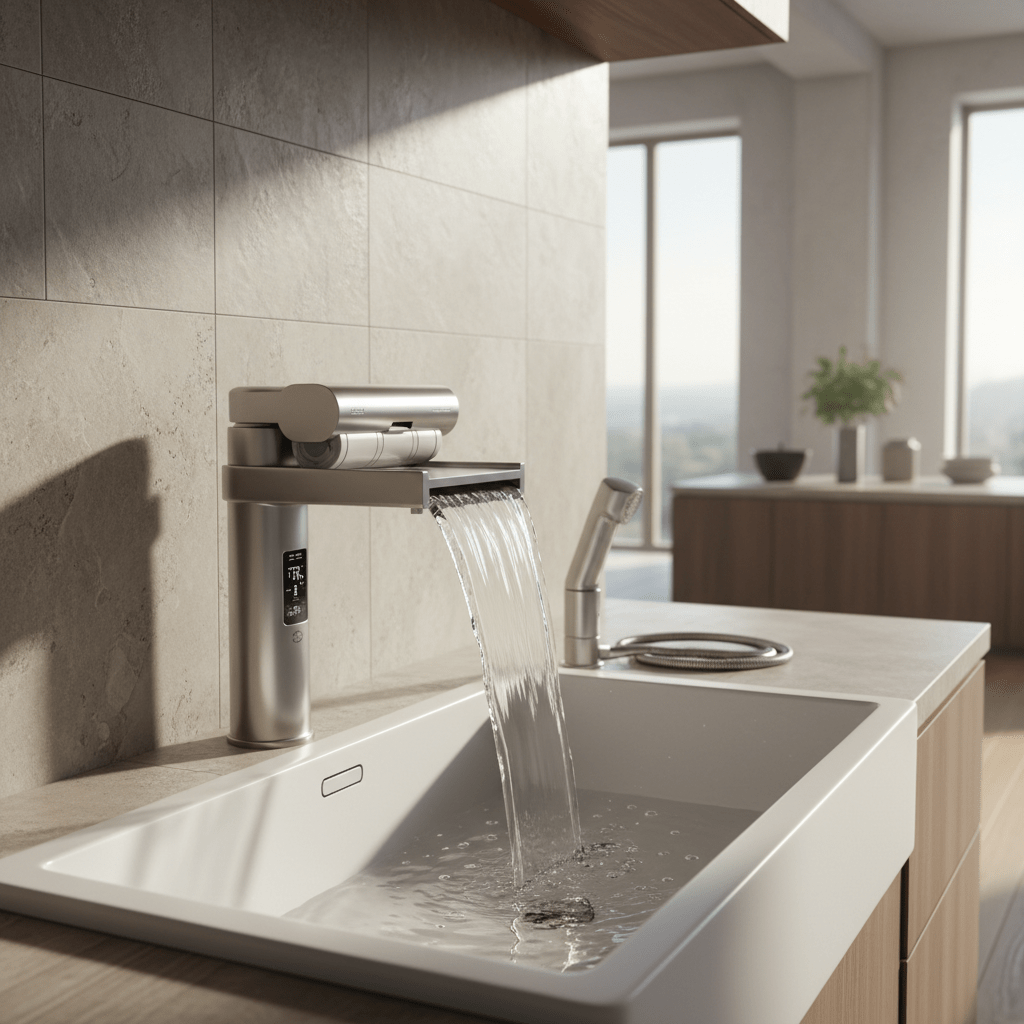 Futuristic eco-friendly waterfall kitchen sink with brushed metal faucet and ceramic basin.