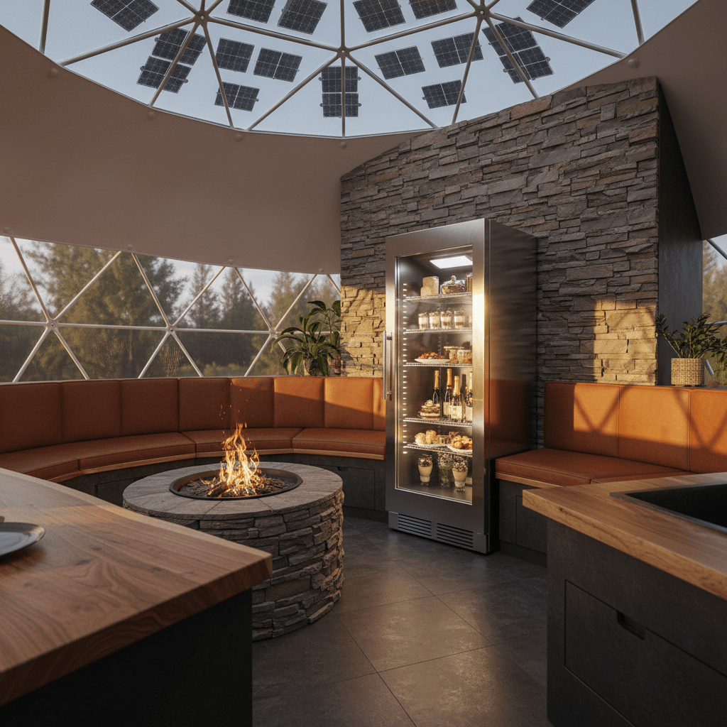 Sleek solar refrigerator in a modern geodesic dome glamping suite with gourmet treats.