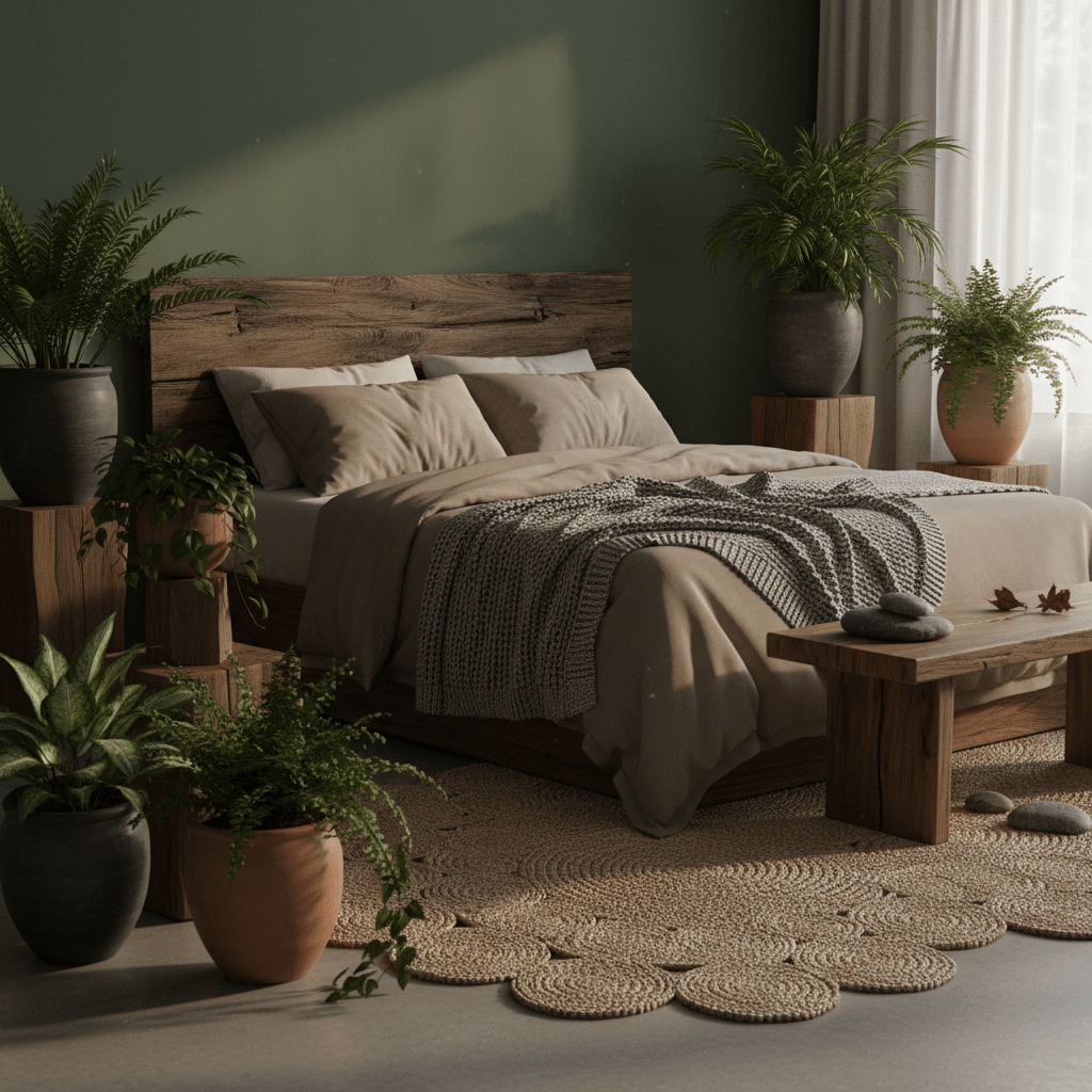 Bedroom with moss green wall, reclaimed wood, and jute rug, evoking a forest floor.