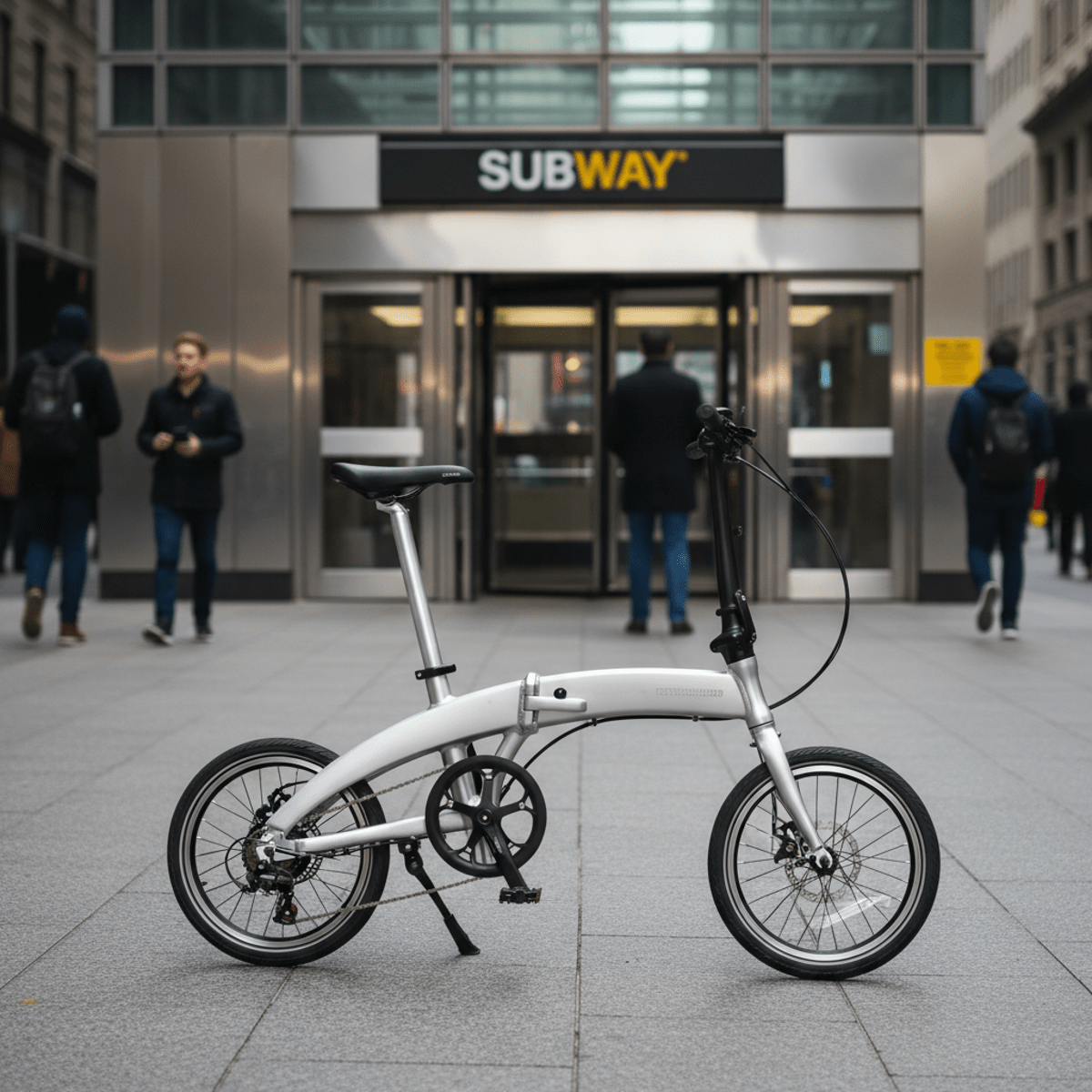 Sleek silver folding e-bike with small wheels parked by a modern subway entrance.