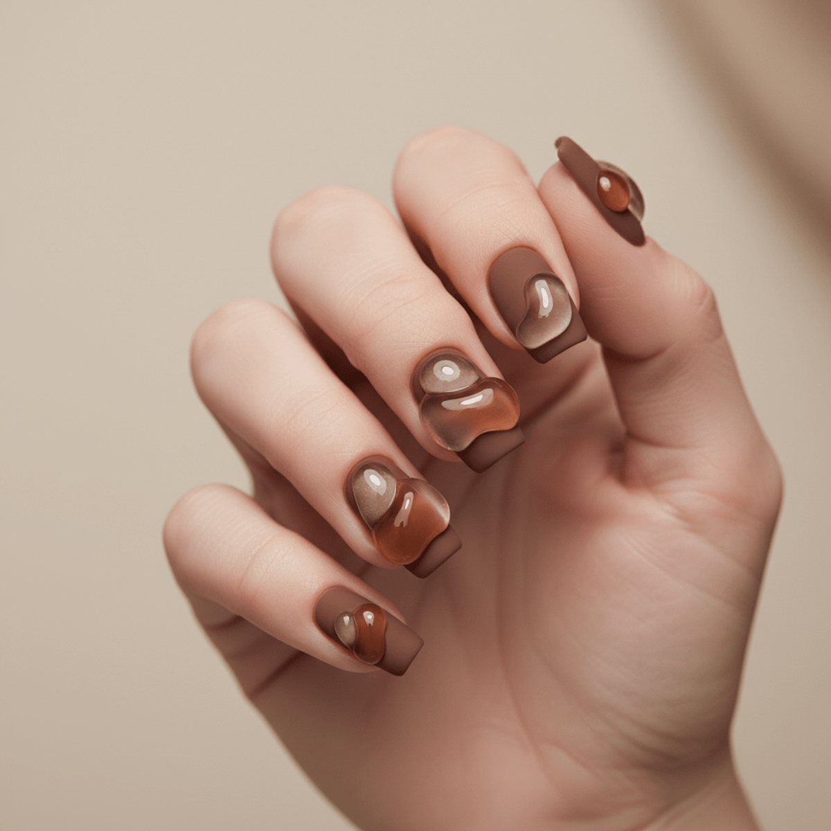 Avant-garde mocha mousse nails with matte and glossy 3D sculptural blobs.