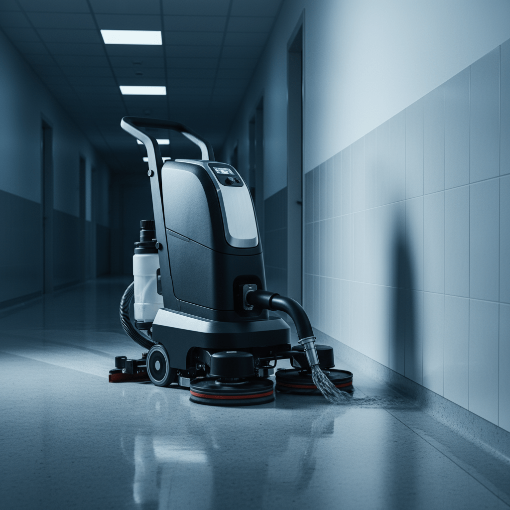 Agile upright tile scrubber cleaning a hospital corridor with powerful suction.