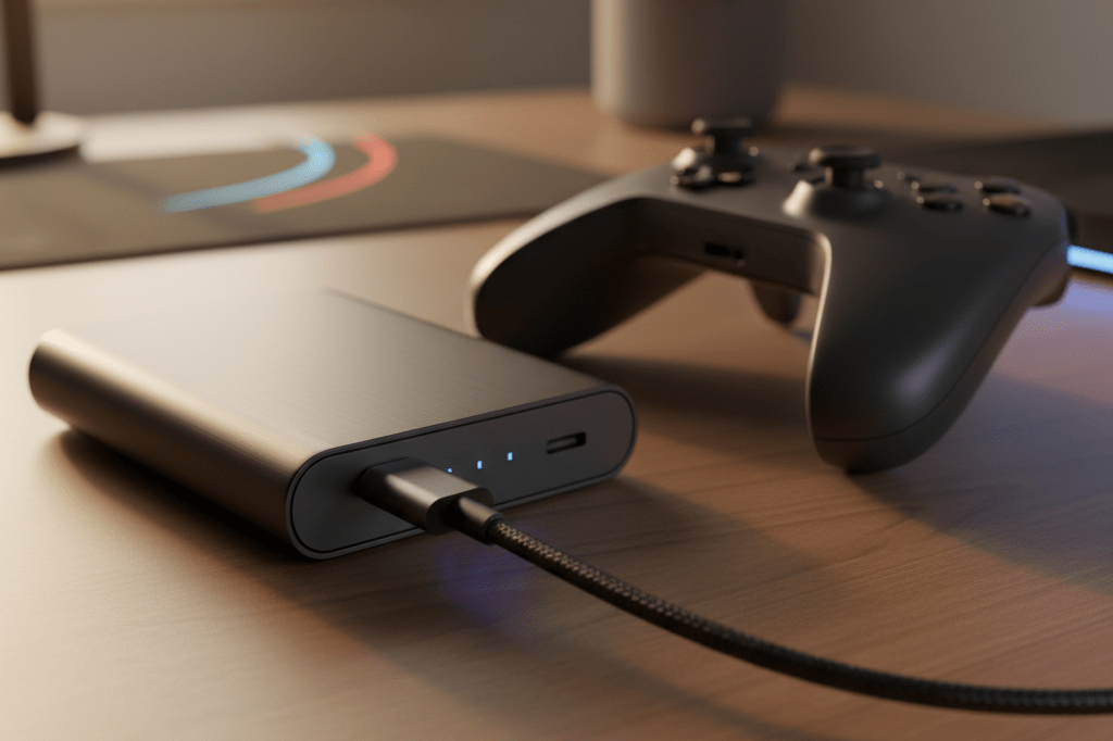 Close-up of USB-C charger and power bank with gaming controller hinting at portable device use