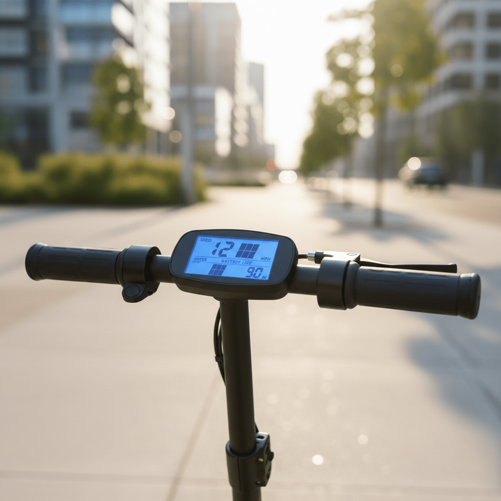 Mobility scooter display showing speed and battery life. Close-up of a mobility scooter's digital display on a city sidewalk.