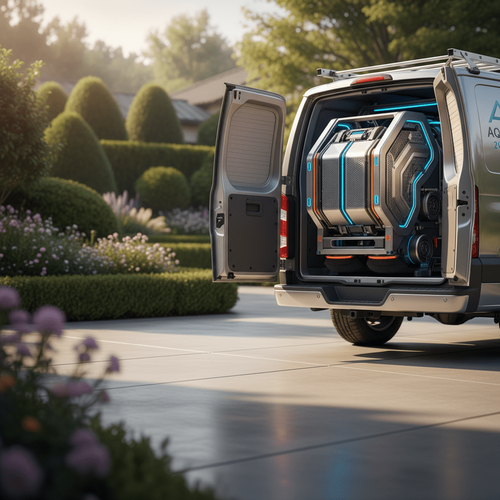 Futuristic truck mount carpet cleaner hardware in a service van rear.