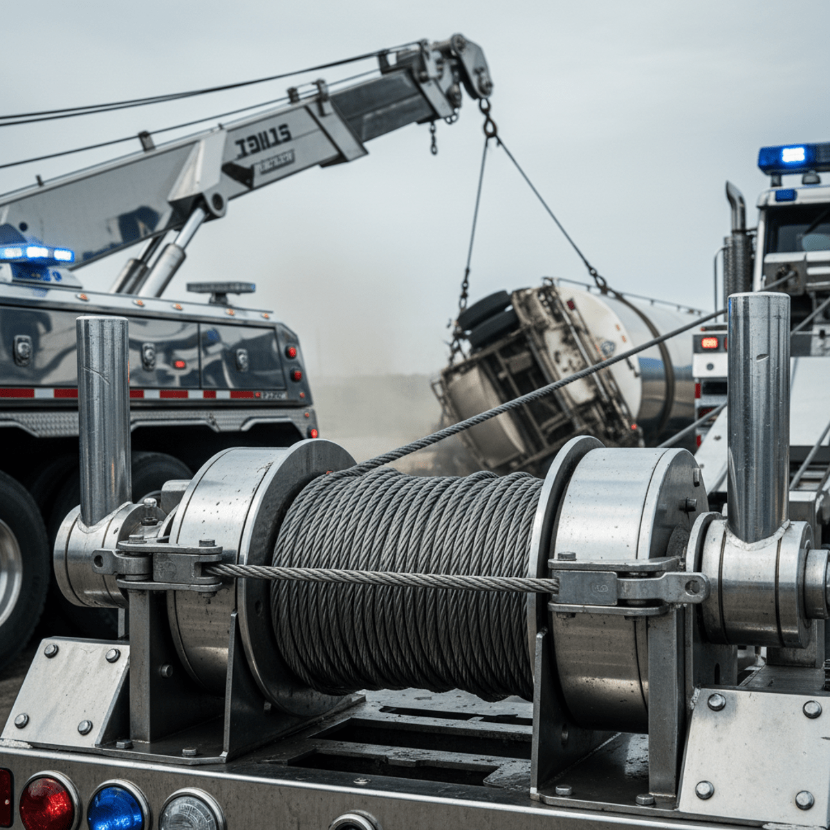 Close-up of a hydraulic winch system lifting a damaged tanker truck.