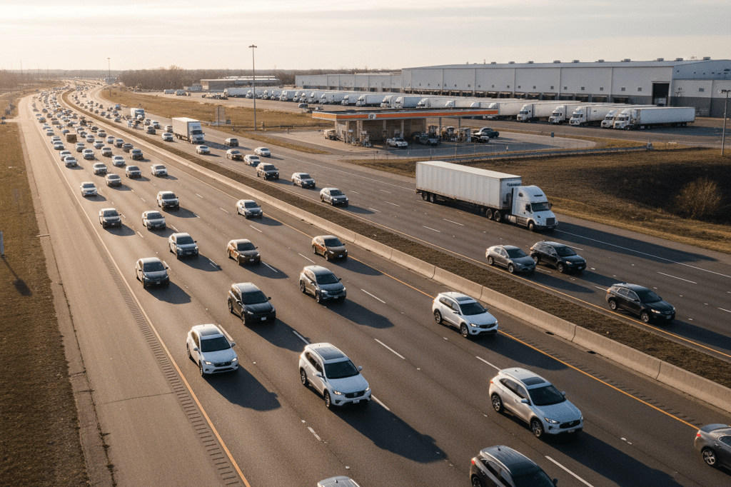 Busy highway with cars and trucks under natural light, highlighting increased road usage and logistics planning