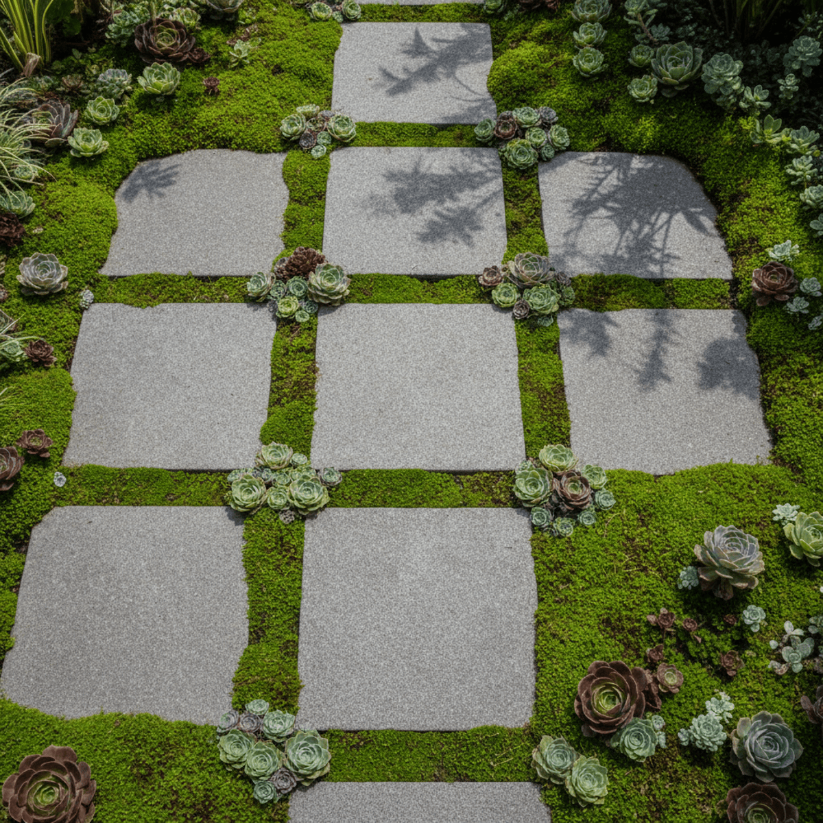 Tranquil meditation courtyard with stone pavers and dense Irish moss, featuring minimalistic nature design.
