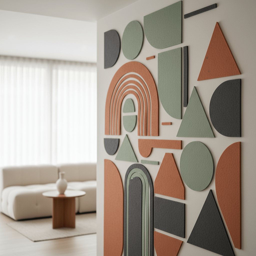 Modern geometric wall stickers create abstract mural art. Abstract mural with geometric magnetic wall stickers in terracotta and sage green.