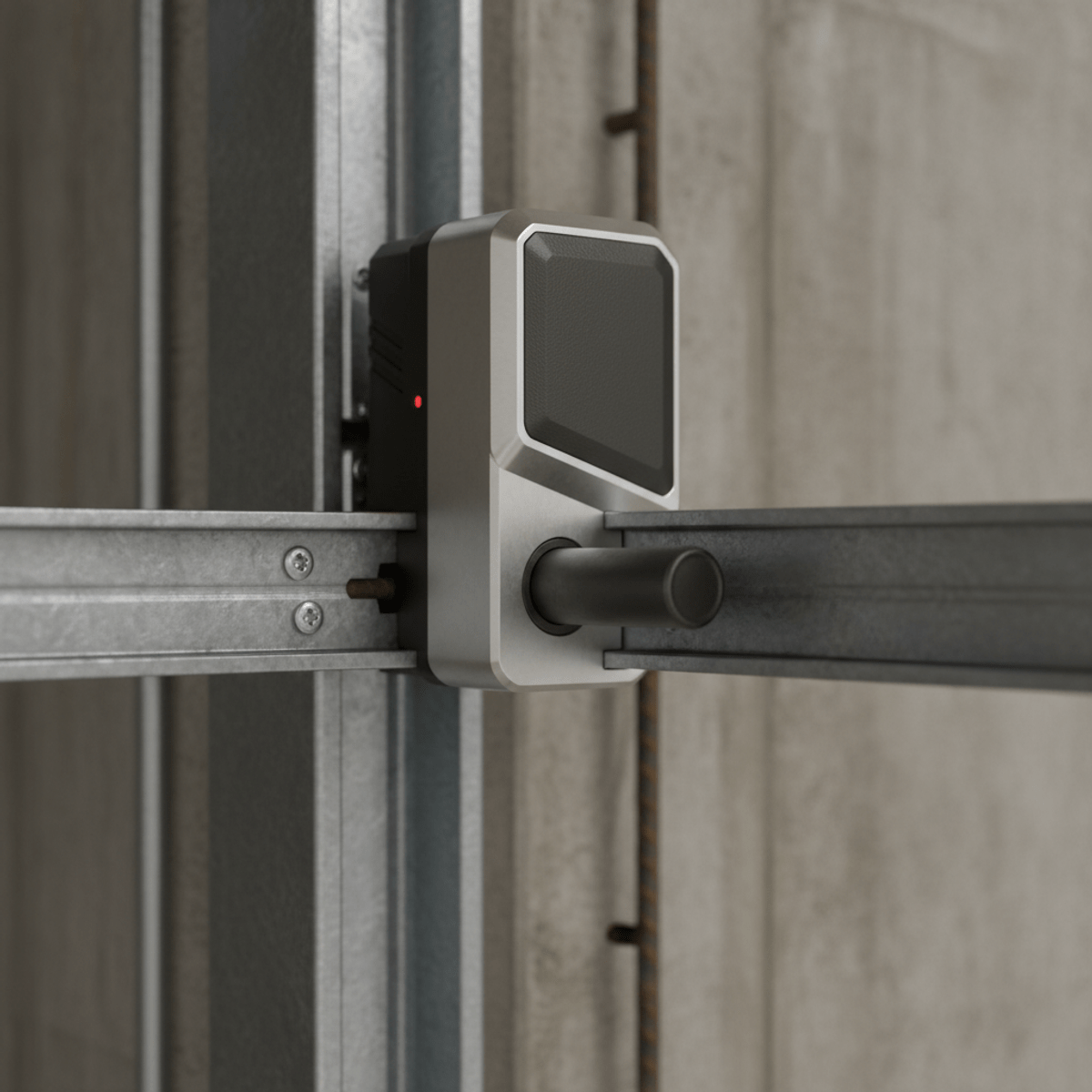 Close-up of automatic deadbolt mechanism engaging in garage door opener track.