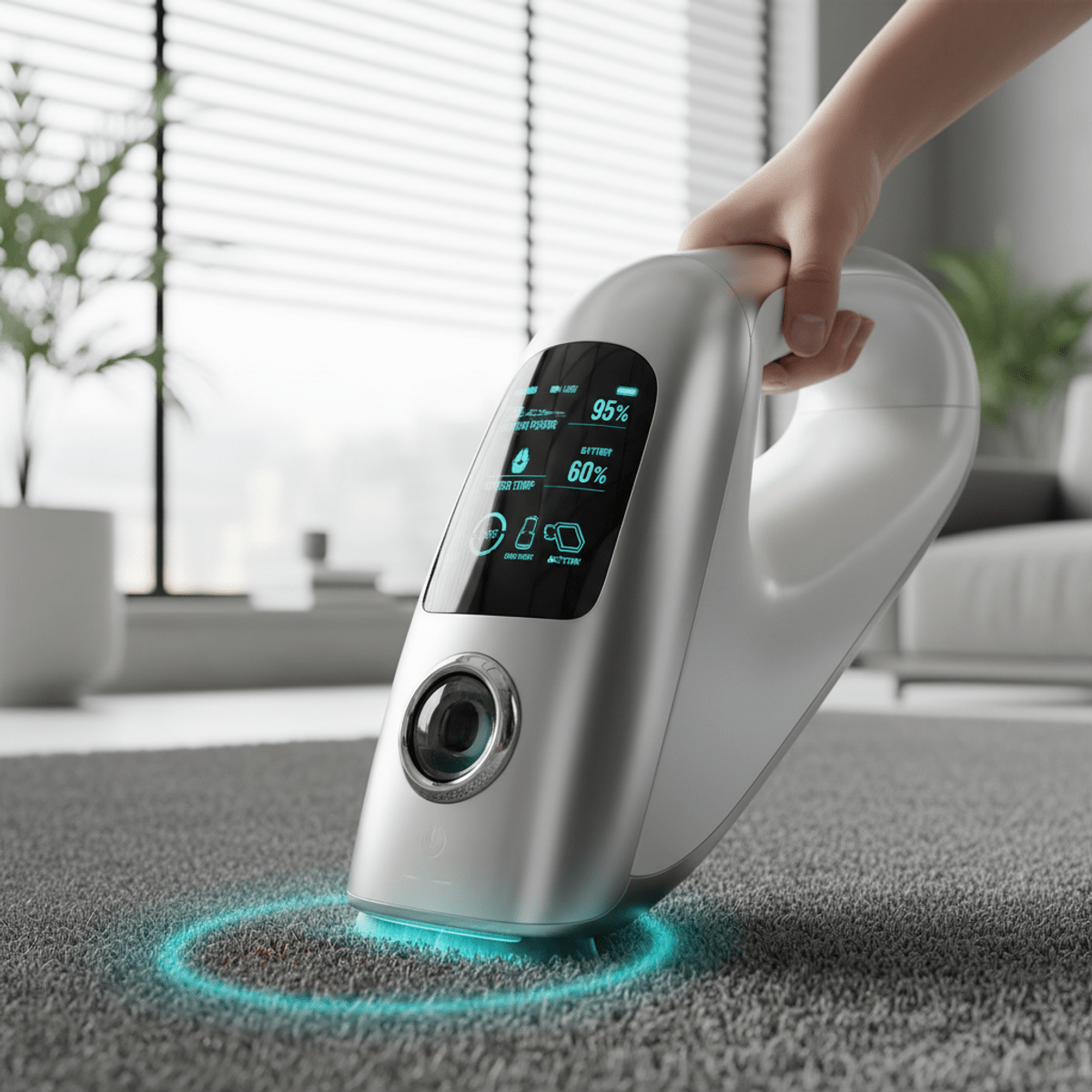 Advanced handheld carpet cleaner for deep cleaning carpets. Futuristic handheld carpet cleaner with metallic finish and LED display on plush carpet.