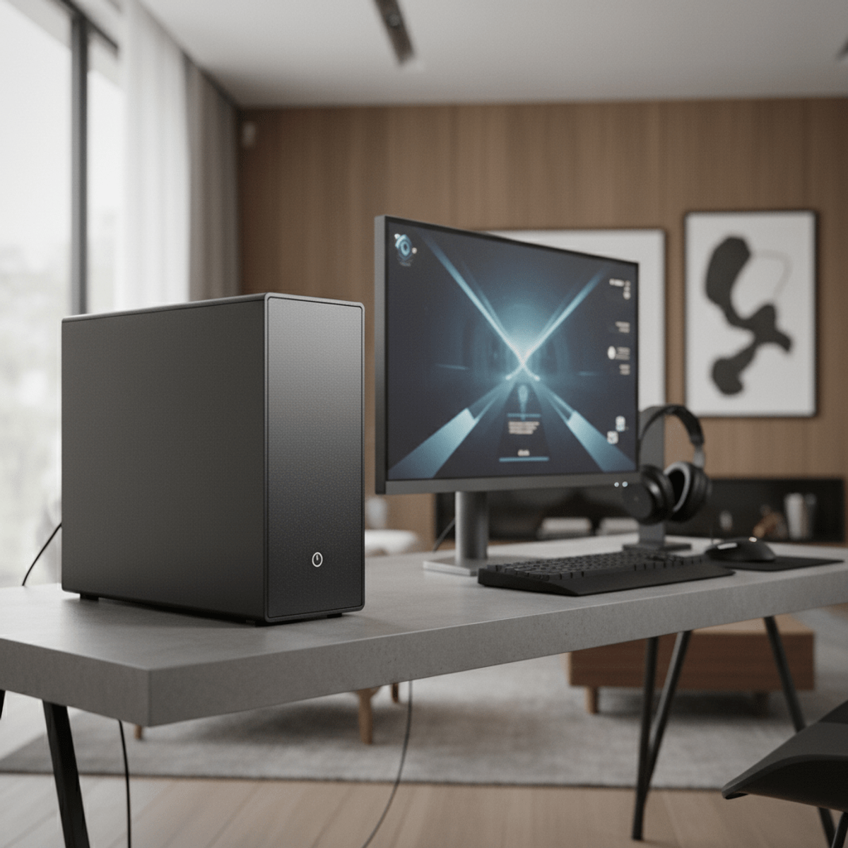 Matte black steel and bead-blasted aluminum minimalist gaming PC on a modern desk.