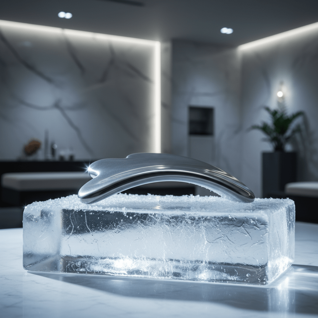 Polished steel gua sha tool resting on a block of clear, frosted ice.