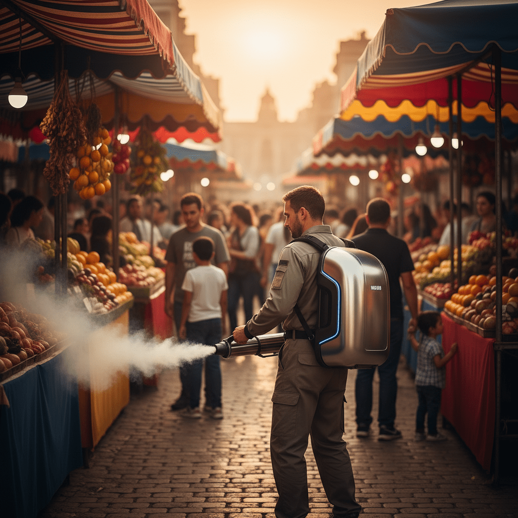 Operator with modern mosquito fogger machine in a vibrant, sunlit festival market.