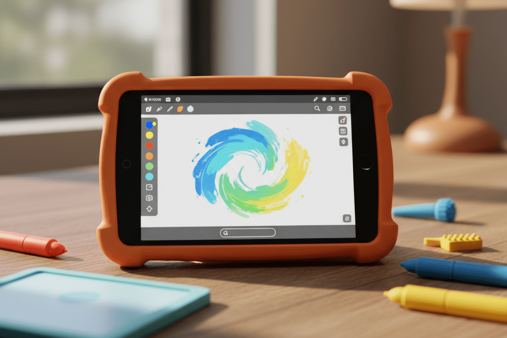 Close-up of a child's tablet and creative tools bathed in natural and artificial light, symbolizing youth-oriented tech products