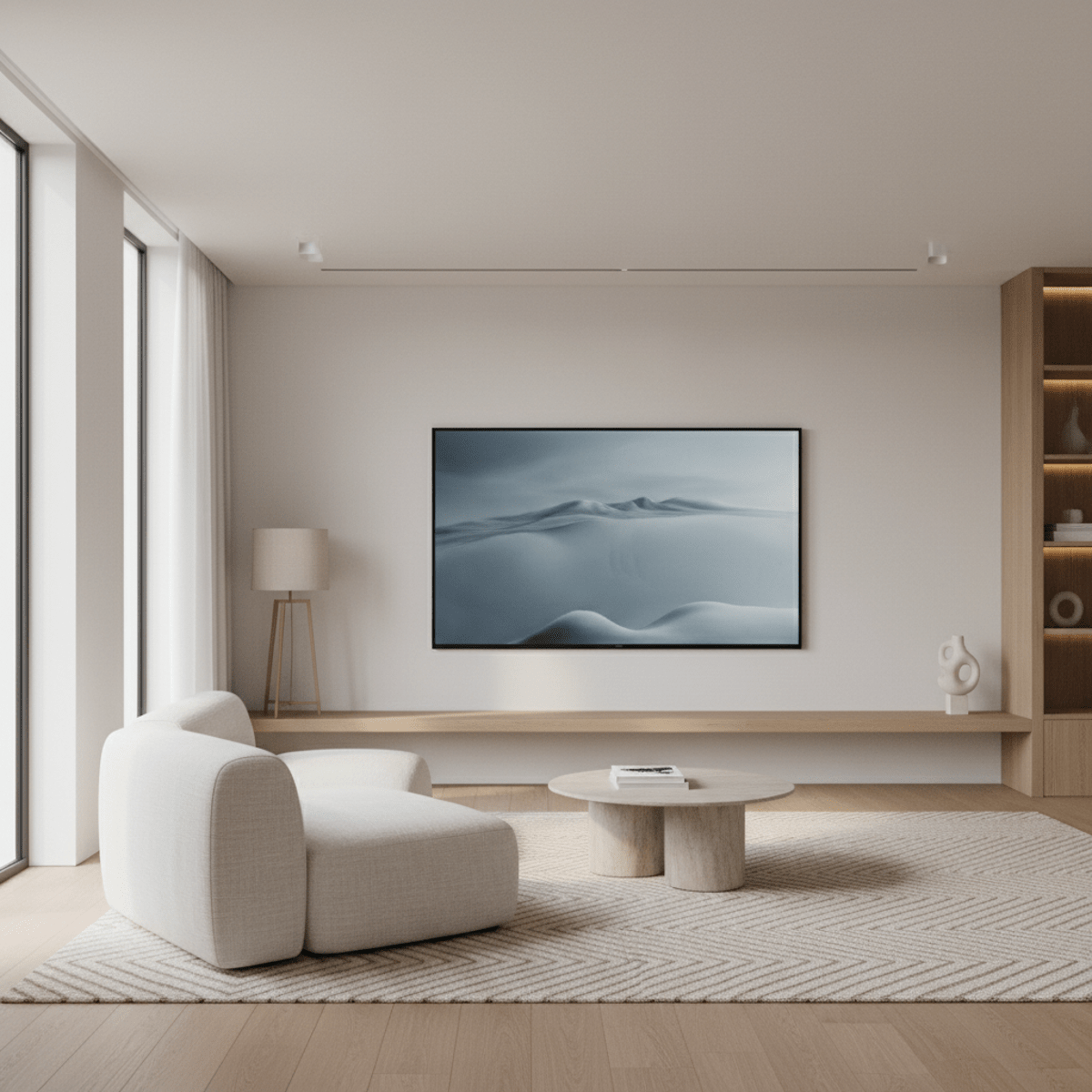 Ultra-thin television seamlessly integrated into minimalist living room decor.
