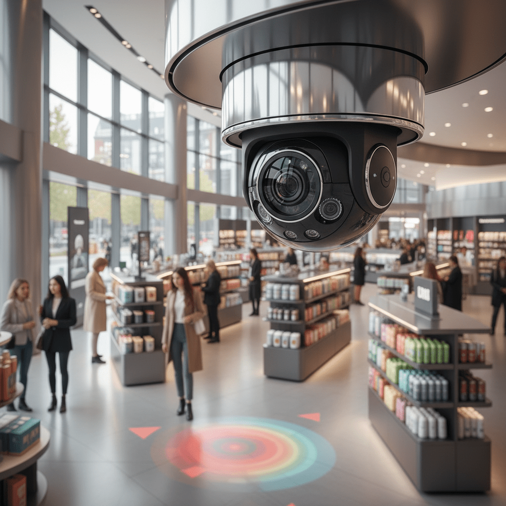 Futuristic security camera in a sleek retail store capturing a panoramic view.