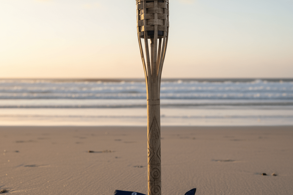Medium shot of a rustic wooden tribal council torch and navy bandana on a quiet beach at sunrise, symbolizing leadership resilience and quiet readiness