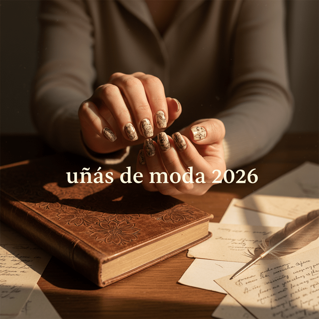 Beige parchment nails with ink designs held near an aged journal on a wooden desk.