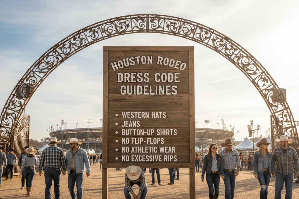 Wide shot of rodeo entrance with dress code signage and attendees dressed in casual Western attire under natural light