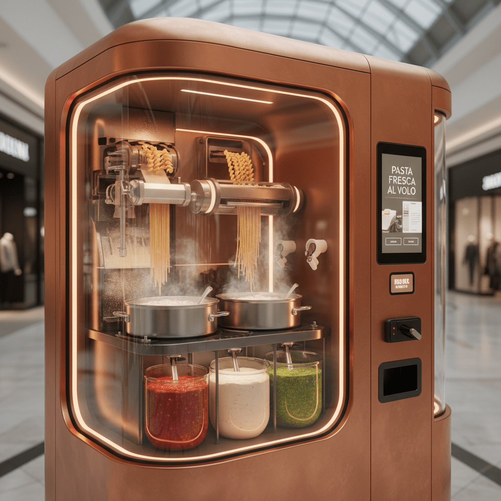 Futuristic pasta vending machine creating fresh pasta with steaming sauces.
