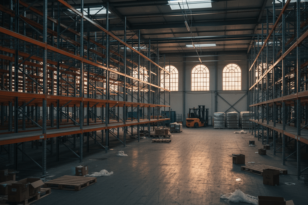 Wide shot of an unoccupied industrial warehouse with idle equipment and sparse inventory under mixed lighting conditions