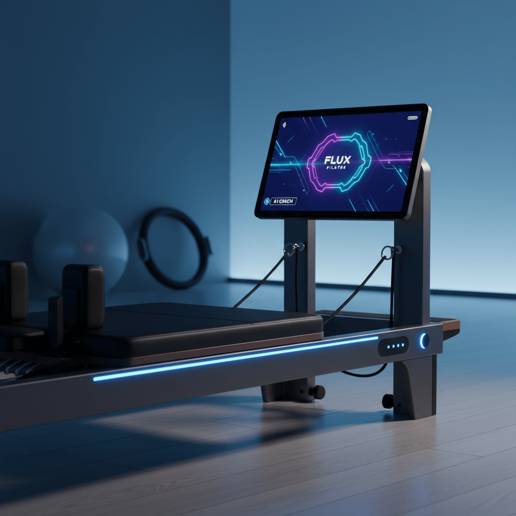 Close-up of a futuristic home pilates reformer with glossy leather and LED indicators.