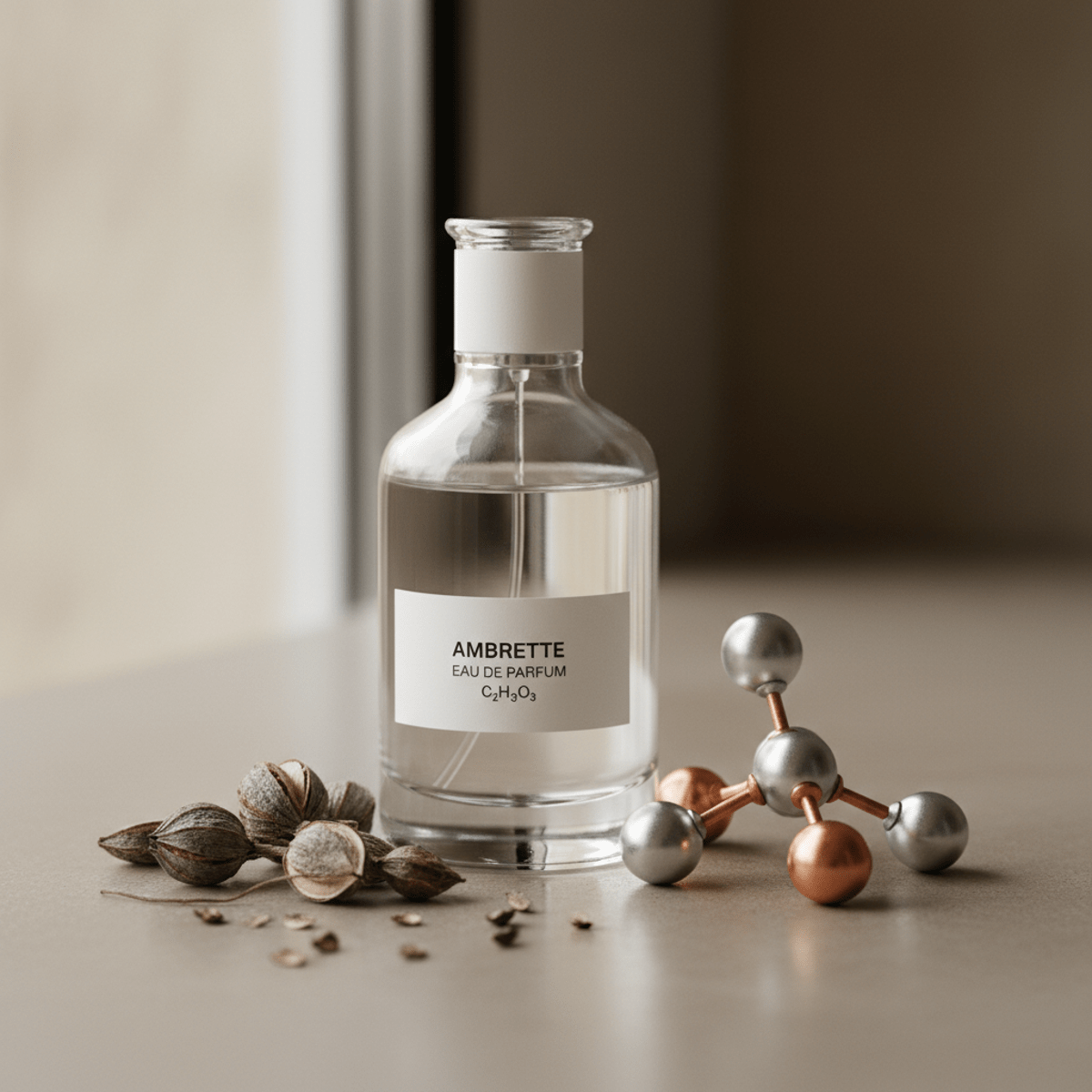 Minimalist cologne bottle with ambrette seeds and scent molecule model.