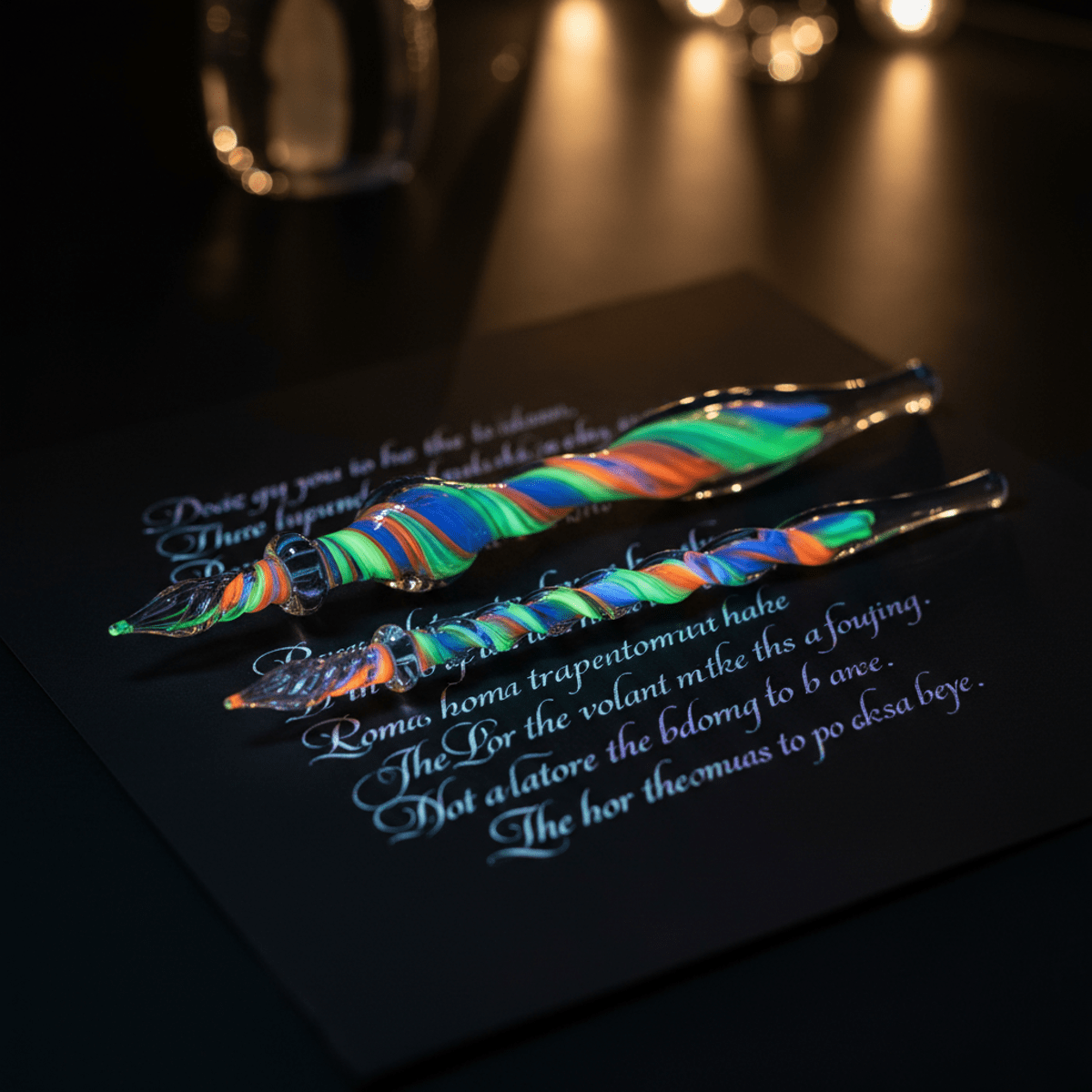Twisted glass dip pens with glowing pigments on luminous script calligraphy paper.