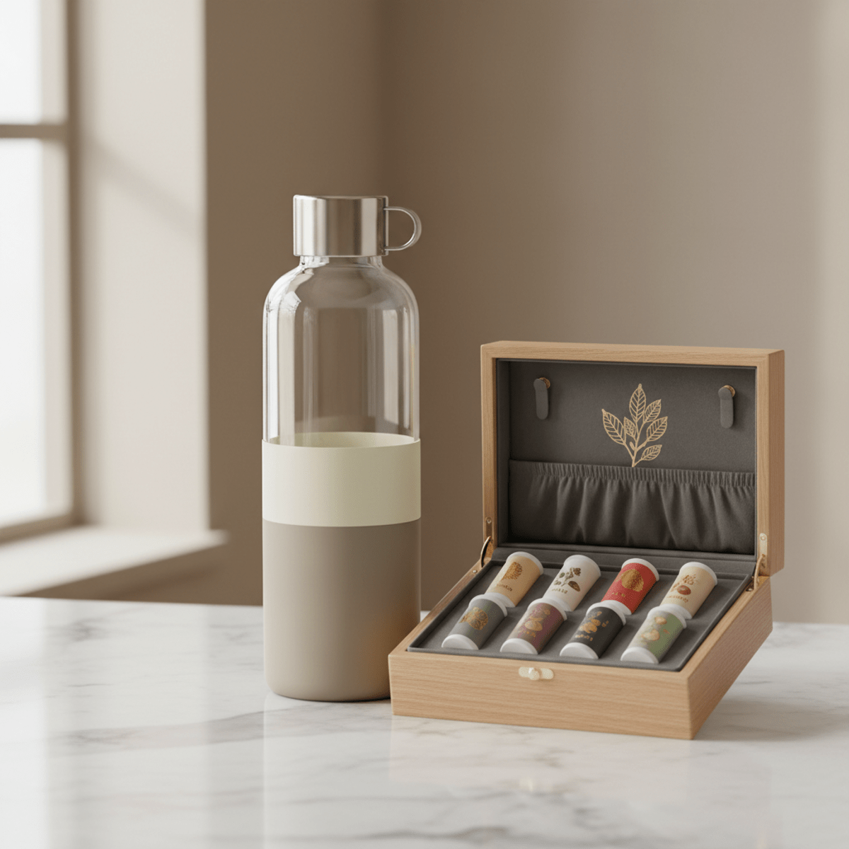 Premium glass water bottle with ceramic coating and flavor pods on marble.