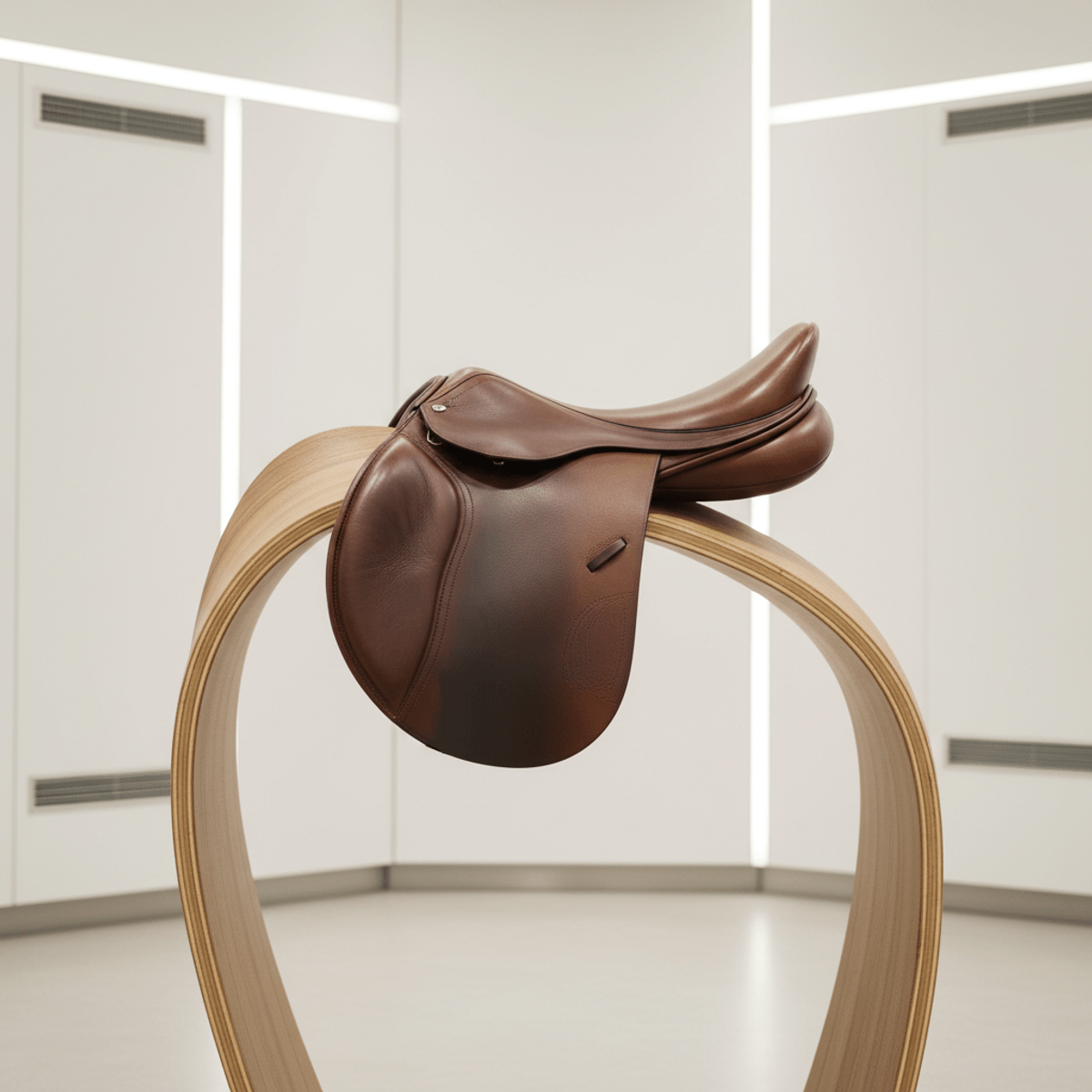 Sculptural bentwood saddle rack holding a polished leather saddle in a modern tack room.