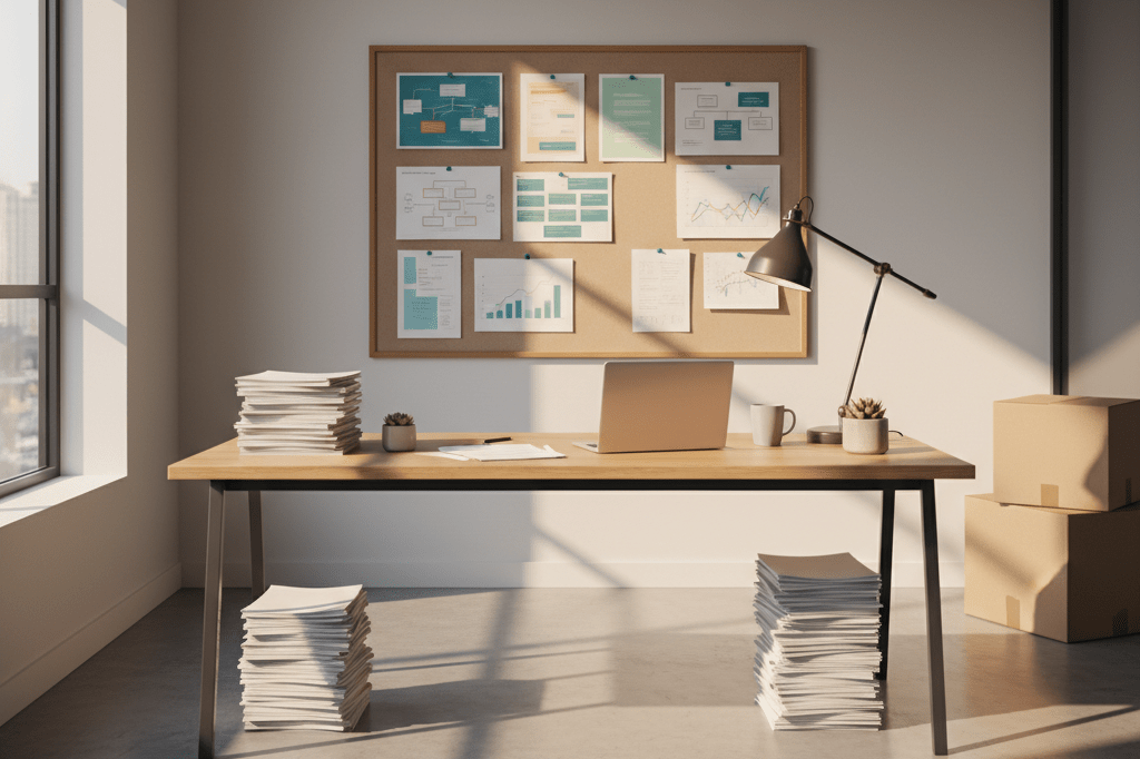 Neatly arranged desk with documents, laptop, and corkboard under warm ambient light, representing proactive succession planning