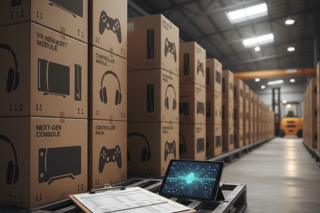 Warehouse aisle with stacked boxes and inventory charts under industrial light, symbolizing console transition planning