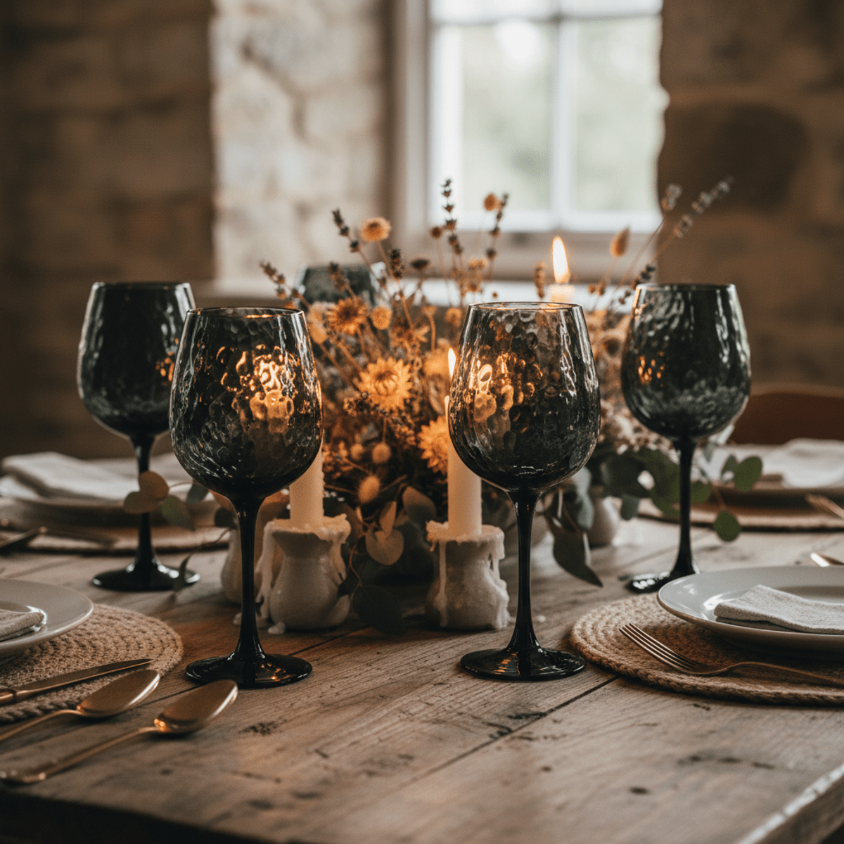 Hammered black wine glasses on a rustic table with dried flowers and candlelight.