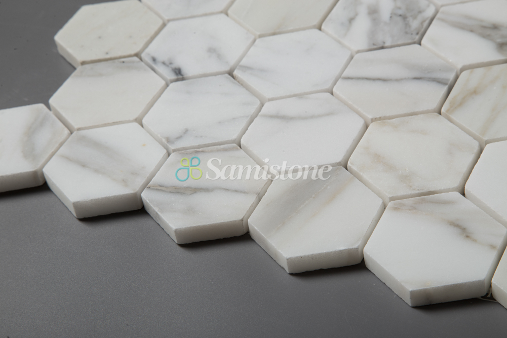2" Calacatta Gold Polished Honed White Marble Hexagon Mosaic Tile