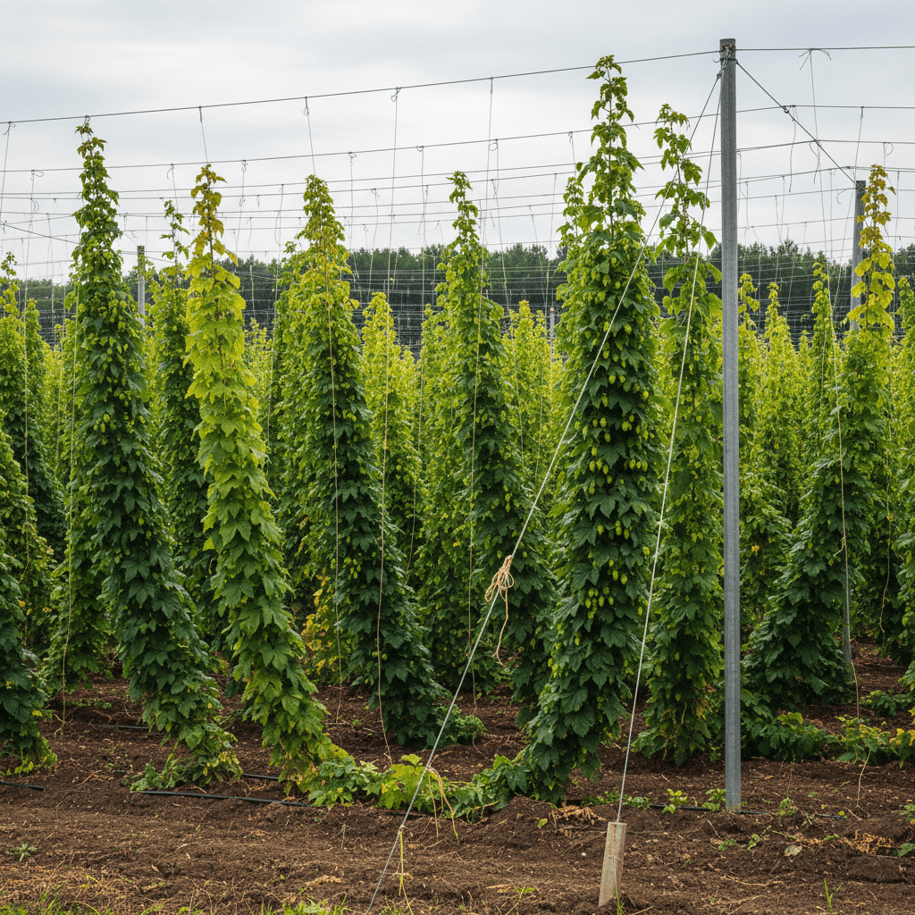 Lush hop field with green bines climbing t-posts under diffused daylight.