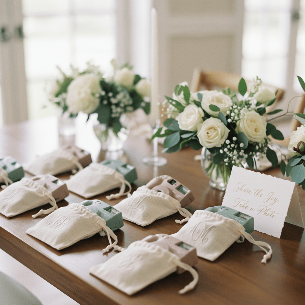Monogrammed disposable cameras in linen bags on a wedding table.