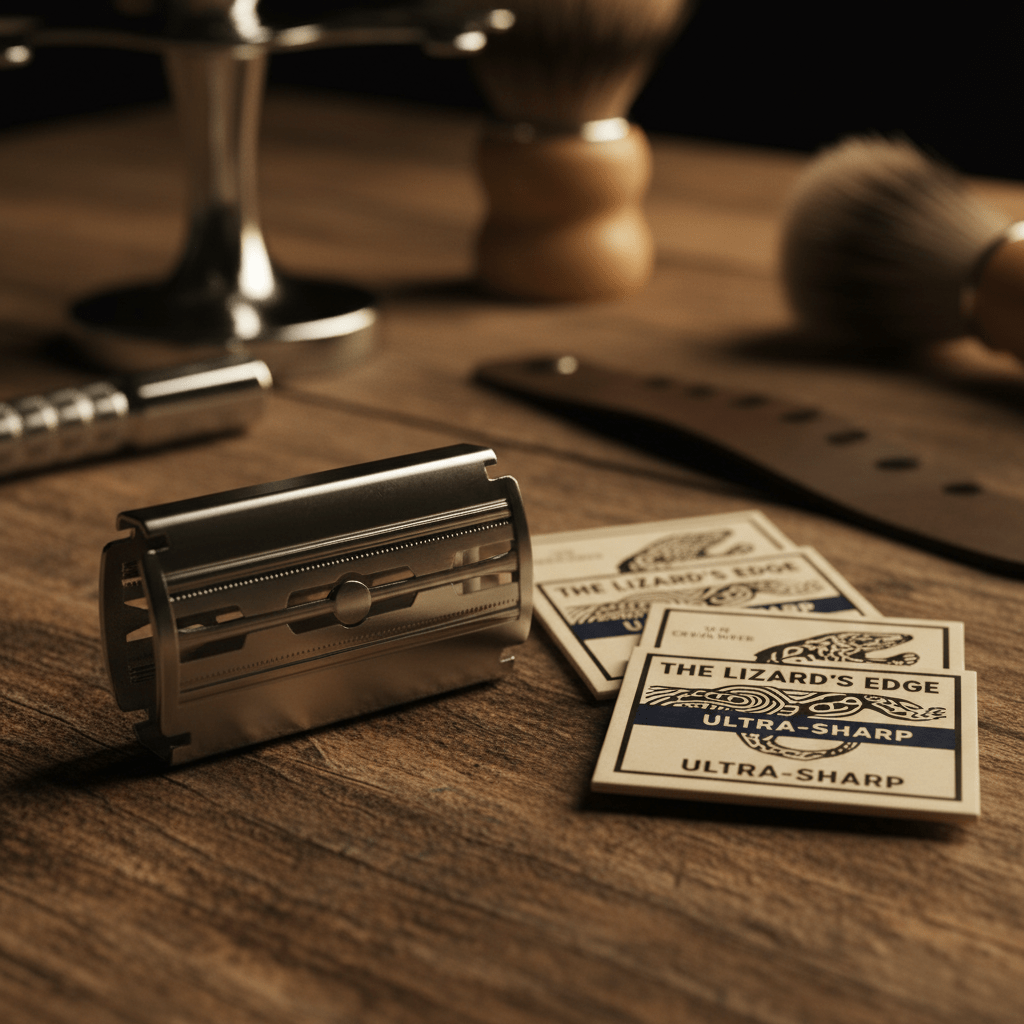 Polished stainless steel safety razor blades with micro-serrated edges on a rustic wooden counter.
