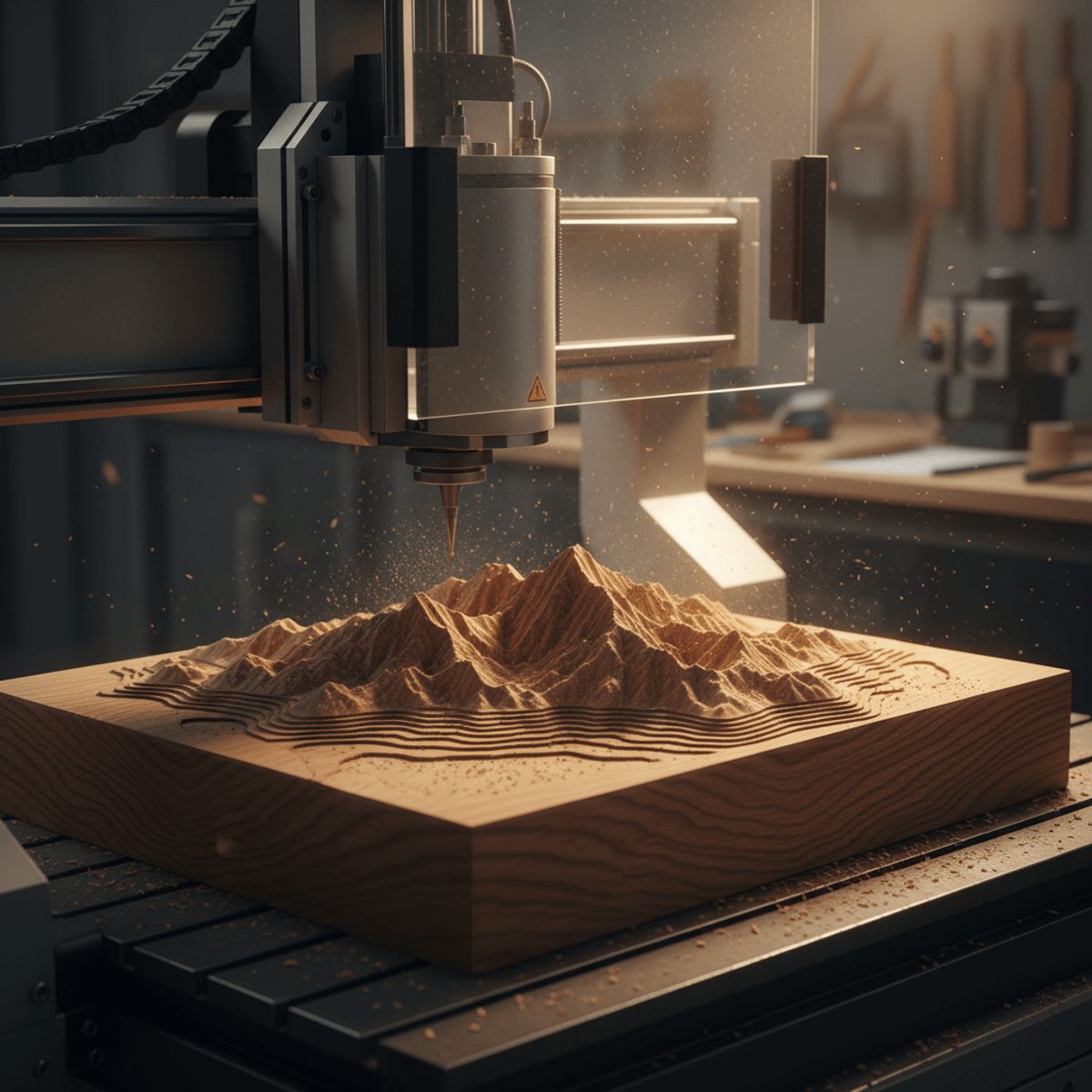 Wood router machine carves detailed 3D mountain map from oak block.