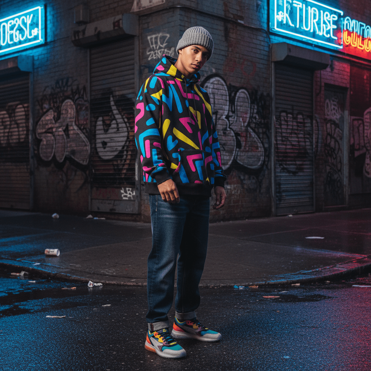 Young man in stylish streetwear on a gritty city street with graffiti.